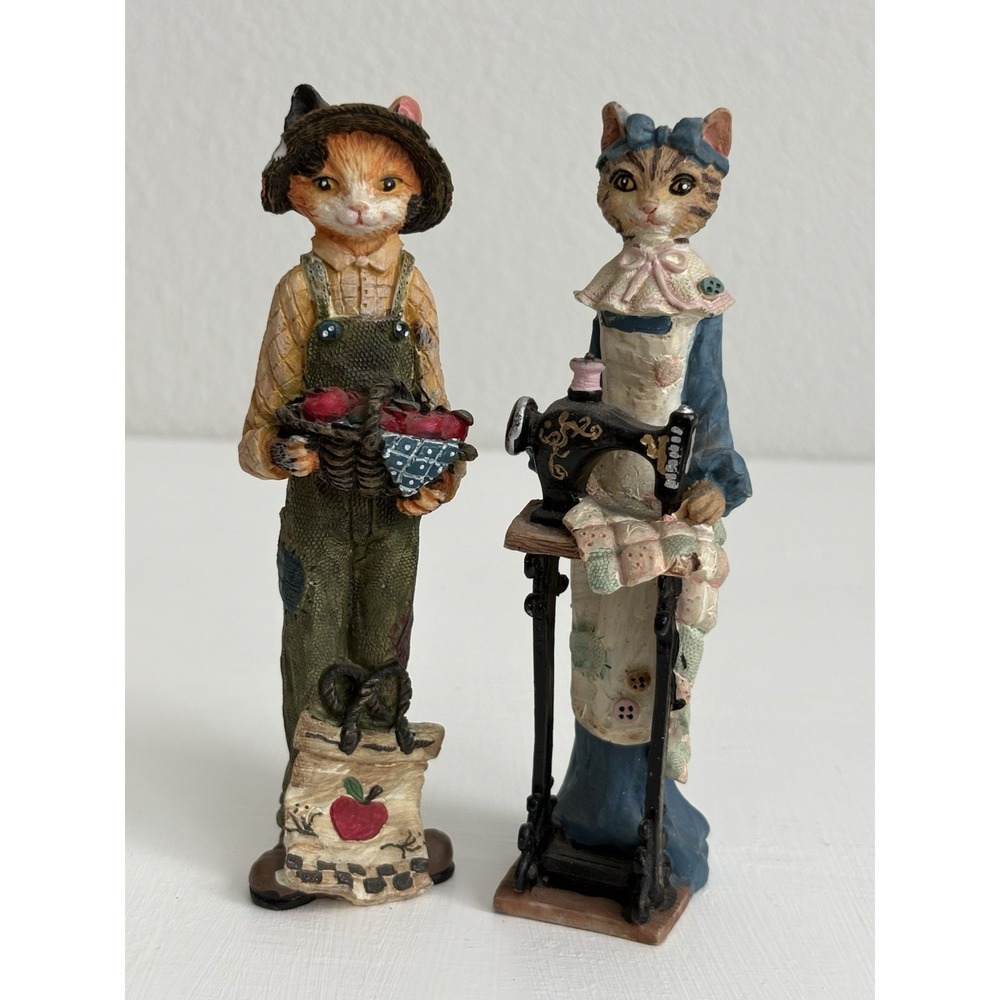 Vintage Country Cat Figurines Farmer & Seamstress Resin Shelf Decor